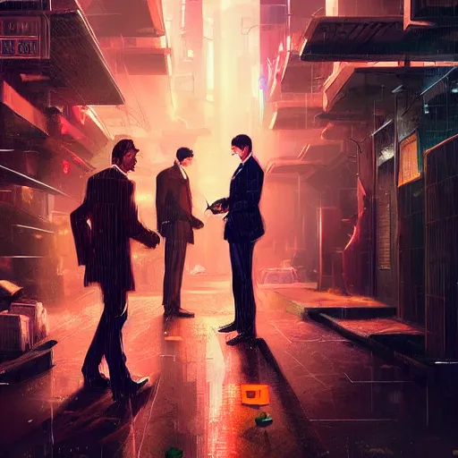 Image similar to bbusinessmen holding a briefcase, detailed digital illustration by greg rutkowski, cyberpunk back alley, nighttime, colorful lighting, android netrunner