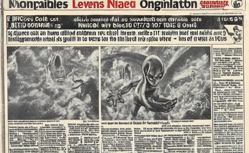 Image similar to 1 9 7 0 s newspaper front page, alien invasion