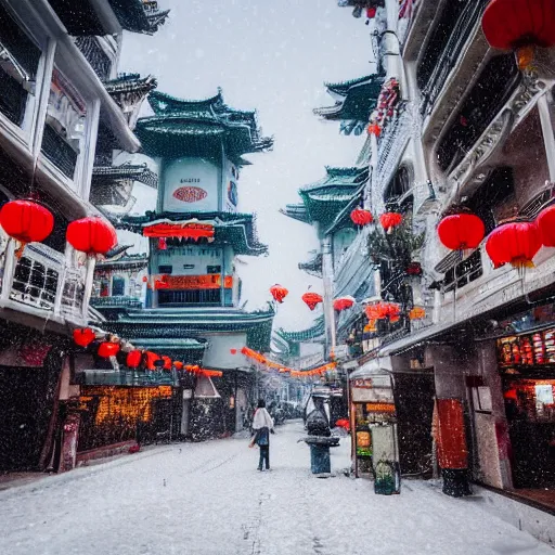 Prompt: a beautiful winter photograph of Chinatown in Singapore covered in snow, shallow depth of focus