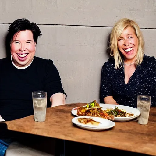 Prompt: portait of michael mcintyre and middle aged blonde woman with short hair and a blonde woman with long hair having dinner at sunday in brooklyn restaurant, photo