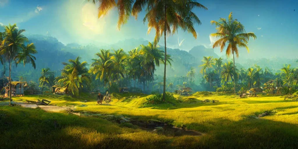 Image similar to Lively sunny landscape of a kerala village realistic detailed digital art by Maxwell Boas Jessica Rossier Christian Dimitrov Anton Fadeev trending on Artstation CGSociety rendered in Unreal Engine 4k HQ