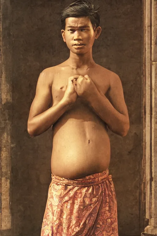 Image similar to Full-length portrait of a handsome young pregnant male on the streets of Bangkok, historically reliable photo chronicle, 1975, ultra detailed digital art, octane render, 4K, by John William Waterhouse and Edwin Longsden Long and Theodore Ralli and Nasreddine Dinet