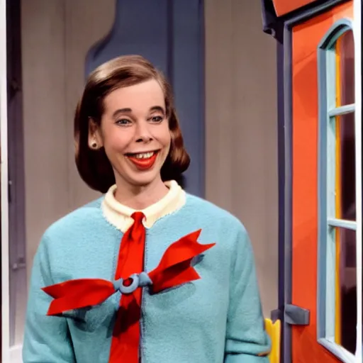 Image similar to lady aberlin in mister rogers land of make believe 1960s TV studio promotional color still