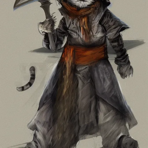 Image similar to dirty homeless humanoid cat wearing rags, wielding a broadsword, concept art, d & d, fantasy, trending on artstation