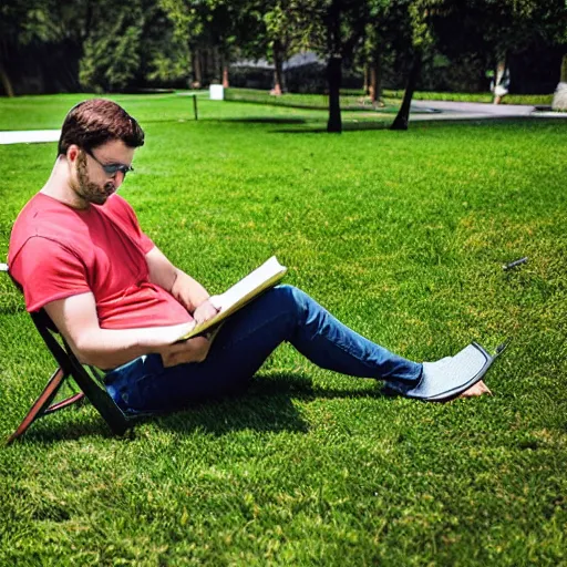 Prompt: a guy reading a book outside while touching grass