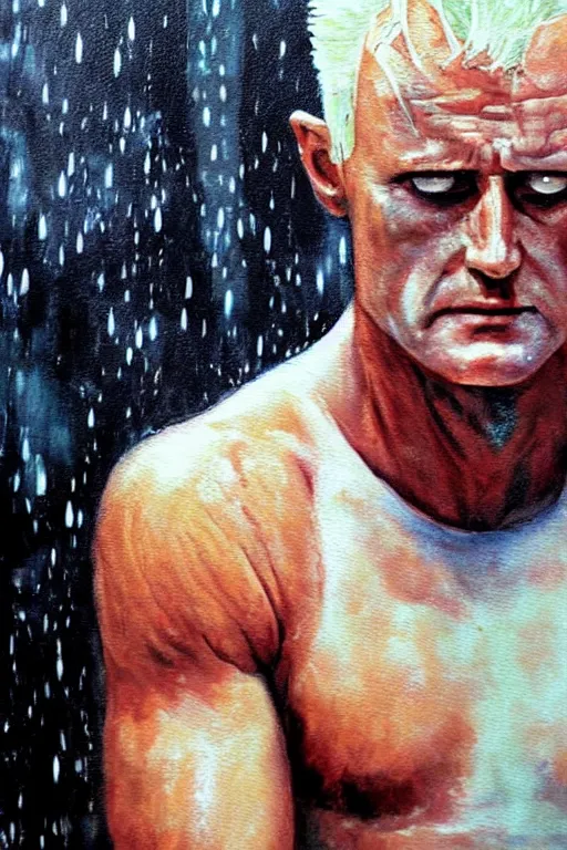 Prompt: a somber painting of the replicant roy batty that asks the viewer to question the very purpose of life when all memories will be lost in time like tears in the rain, in the style of blade runner, ridley scott