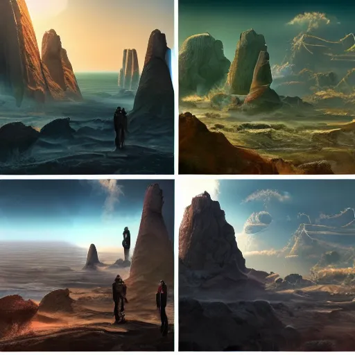 Image similar to a collage of four pictures with a man standing in the middle, a detailed matte painting by senior environment artist, behance, afrofuturism, matte painting, terragen, reimagined by industrial light and magic