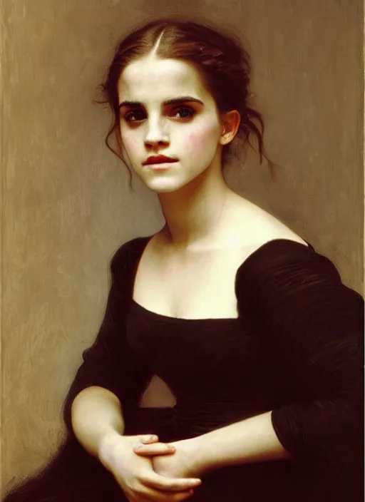 Prompt: photo photorealistic portrait photograph Portrait of Emma Watson, by William Adolphe Bouguereau, John Singer Sargent, Vermeer, serene