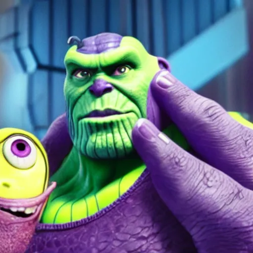 Image similar to Thanos in monsters Inc. 4K quality photorealism
