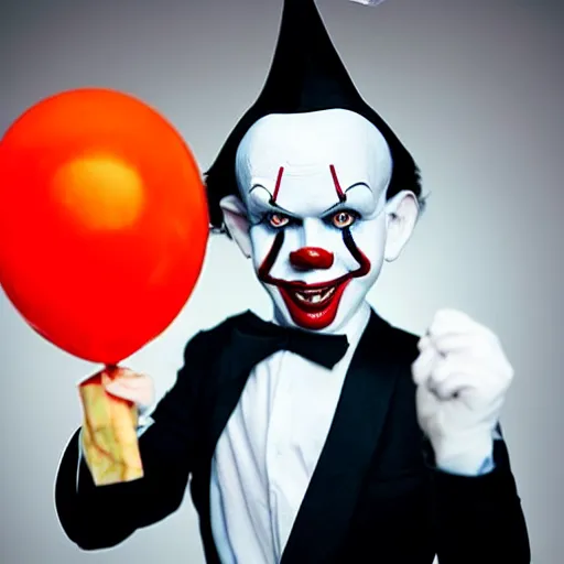 Image similar to Pennywise the clown wearing a suit and holding a banknote in his hands, full body shot, highly-detailed