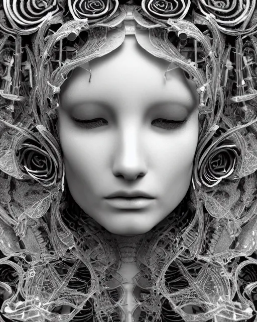 Image similar to mythical dreamy black and white organic bio - mechanical spinal ribbed profile face portrait detail of translucent steampunk beautiful female angelic - human - queen - vegetal - cyborg, highly detailed, intricate crystal ivy jelly ornate, poetic, translucent roses ornate, 3 d render, digital art, octane render, 8 k artistic photography, photo - realistic, by dora maar