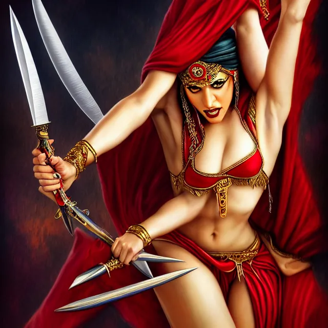 Prompt: arabian dancer assassin with daggers, artgerm, anne stokes, highly detailed, 8 k, hdr, close up, smooth, sharp focus, high resolution, award - winning photo