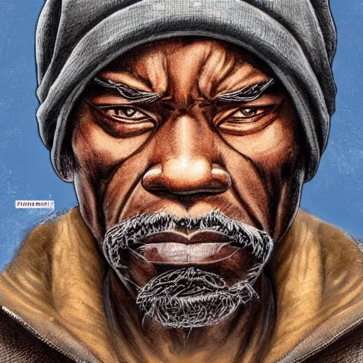 Image similar to a weathered old black man wearing a beanie, comic book, highly detailed, artgerm, looking despondent, sad