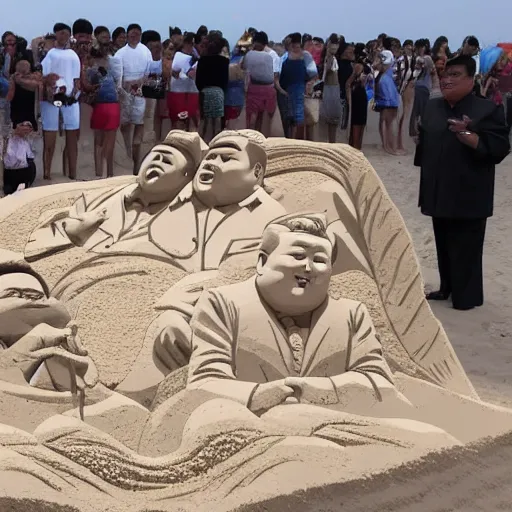 Prompt: a sand sculpture of kim jong un on the beach