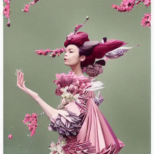 Prompt: 3 / 4 view of a beautiful girl wearing an origami dress, eye - level medium shot, fine floral ornaments in cloth and hair, hummingbirds, elegant, by eiko ishioka, givenchy, carl - gustav carus, by peter mohrbacher, centered, fresh colors, origami, fashion, detailed illustration, vogue, japanese, reallusion character creator