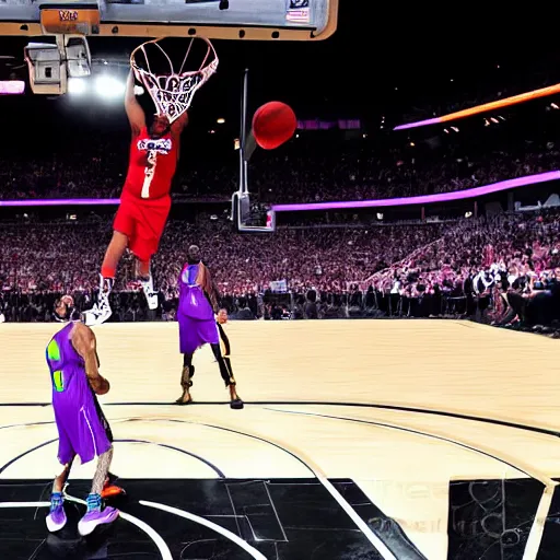 Image similar to photograph of the joker dunking, highlights of the 2 0 1 9 nba slam dunking contest