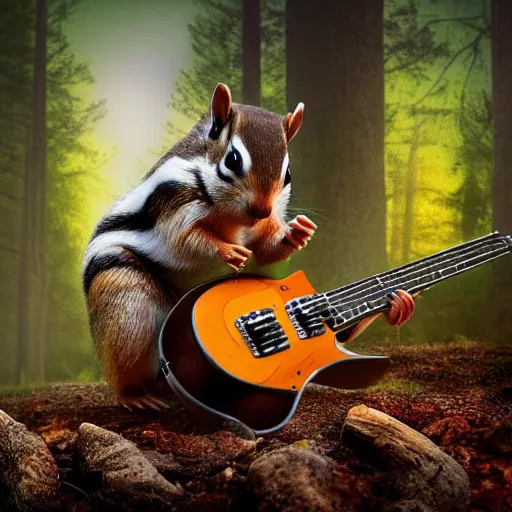 Image similar to a high quality photo of a chipmunk hulk playing electric guitar, foggy forrest backdrop, render, ultra realistic, epic lighting, cgsociety