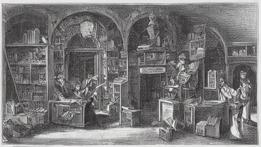 Prompt: engraving of a magic bookstore