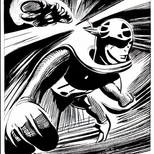 Prompt: kirby krackle emanating from marvel sliver surfer body, by jack kirby, inked by joe sinnott, wally wood, black and white only, asymmetrical, organic ink drawing
