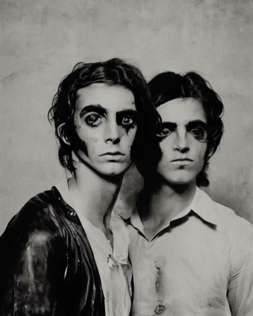 Image similar to two handsome but sinister young men in layers of fear, with haunted eyes and wild hair, 1 9 7 0 s, seventies, wallpaper, a little blood, moonlight showing injuries, delicate embellishments, painterly, offset printing technique