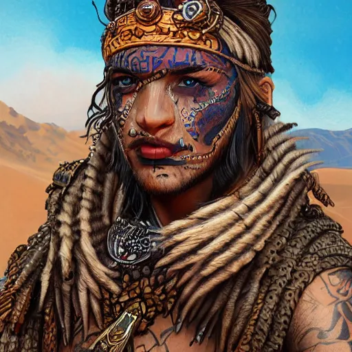 Image similar to a detailed portrait of desert warrior with face tattoos, fantasy art illustration, incredibly highly detailed and realistic, 8 k, sharp focus