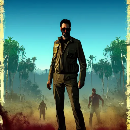 Image similar to keanu reevez in the role of main character from disco elysium, game poster