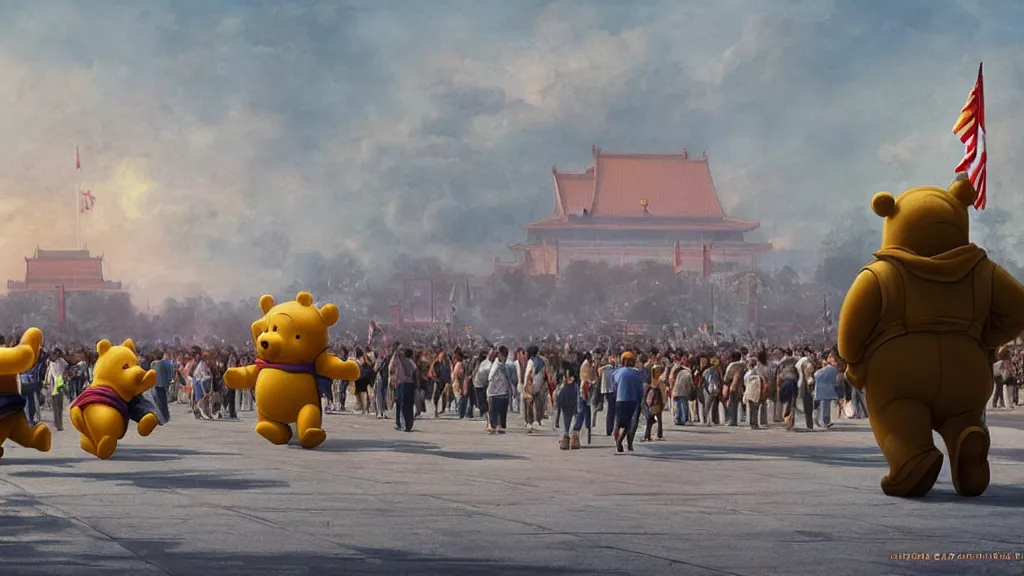 Prompt: giant winnie the pooh bear walking in the tiananmen square parade with tanks and icbm missiles. andreas achenbach, artgerm, mikko lagerstedt, zack snyder, tokujin yoshioka