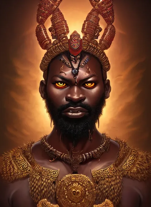 Image similar to angry orisha warrior god ogun, bronze skin tone stong and masculine, bushy beard, glowing red eyes, volumetric lights, mauve and gold scheme, tribal, intricate, highly detailed, digital painting, artstation, concept art, smooth, sharp focus, illustration, kemetic symbolism, art by artgerm and greg rutkowski and alphonse mucha