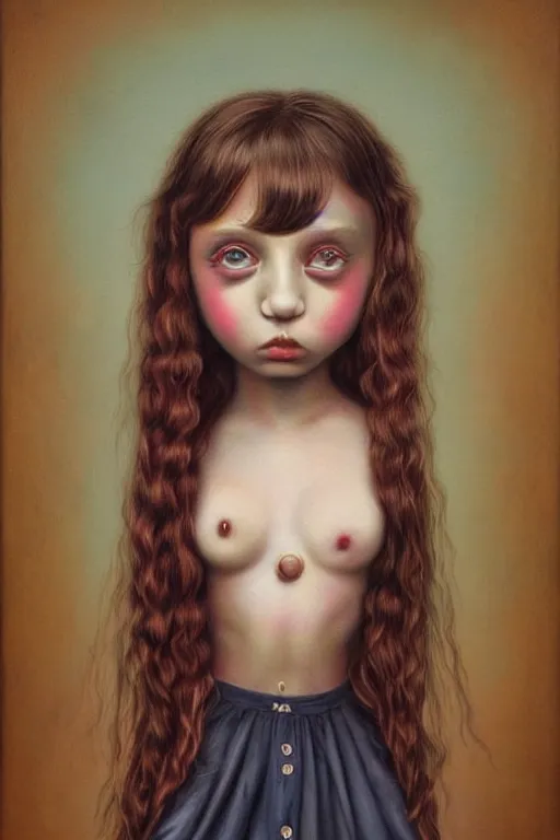 Image similar to pop surrealism, lowbrow art, realistic cute girl painting, hyper realism, muted colors, trevor brown, mark ryden style