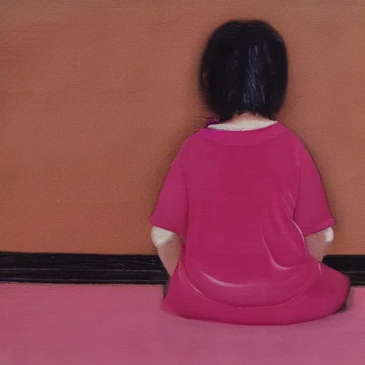 Prompt: sad young girl, sitting against pink wall, emotional, mixed media by francis bacon