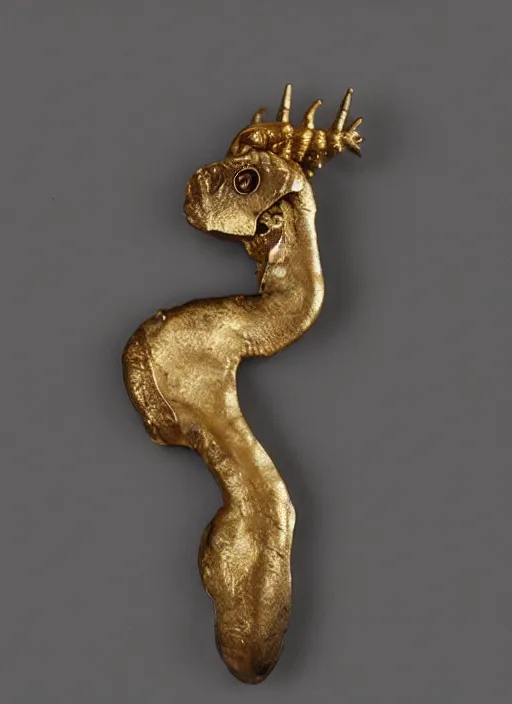 Image similar to bronze age Irish, gold cloak pin of a dinosaur, studio lighting, museum display case