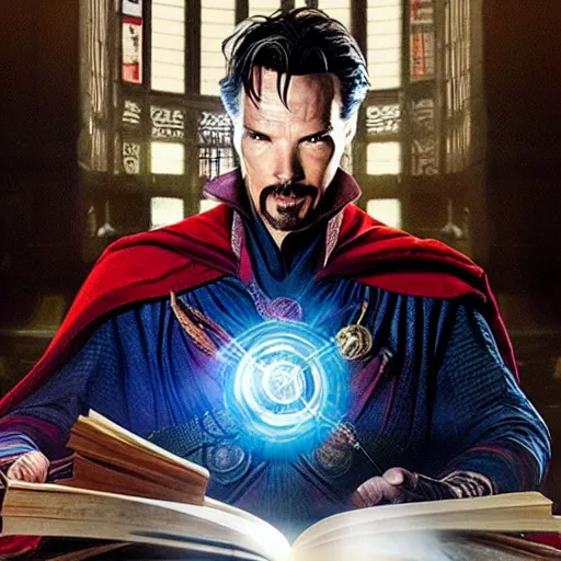 Prompt: a hyper realistic screenshot film still of doctor strange reading a book in a quiet library, eating an apple. 4 k, extremely detailed, detailed drawing, cinematography, hd, fantasy, realistic lighting, realistic lighting, anamorphic lens, sharp focus, backlit, elegant.