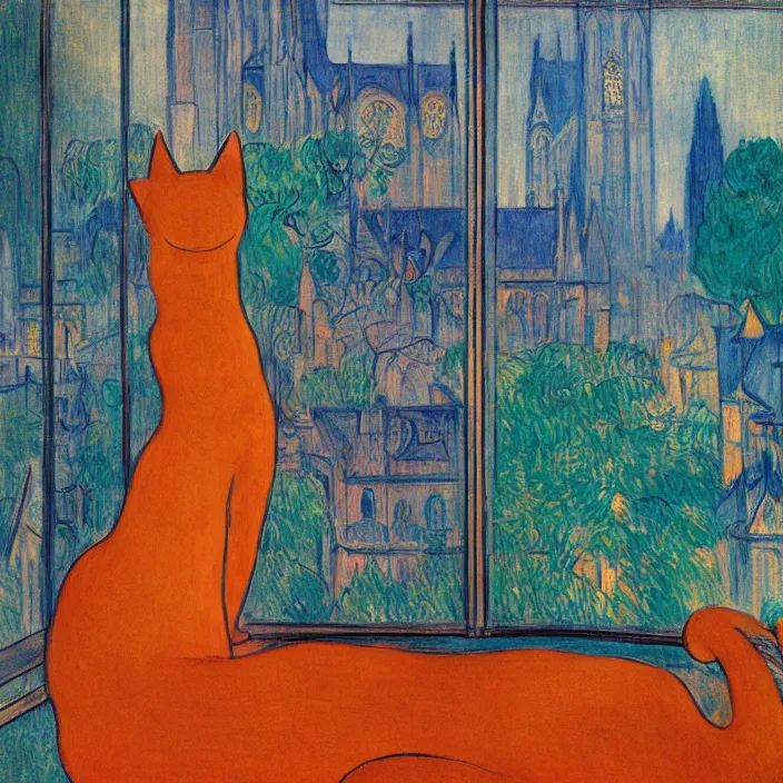 Prompt: woman and giant orange cat with city with gothic cathedral and tall trees seen from a window frame with curtains. dark indigo blue, turquoise, gold, earth brown. autumn light. delville jean, henri de toulouse - lautrec, utamaro, matisse, monet