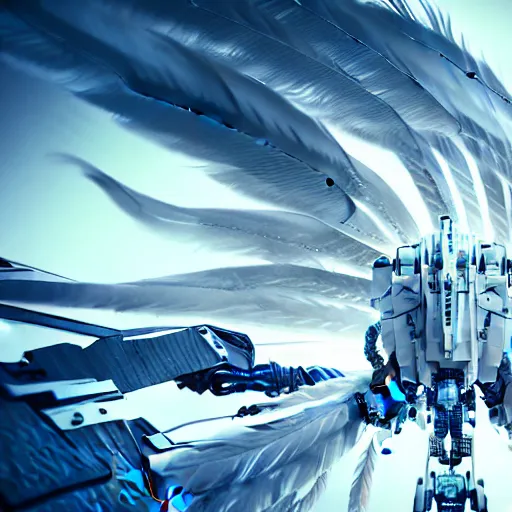 Prompt: white machine feathers flowing surrounding armored core, massive machine wing and machine feathers flowing, swirling, rotating, spinning, interwoven white azure armored core mech, cinematic still, dark atmosphere, smog, in the flow of time, slow motion,, endoskeleton, post processing, vray render, ultra detailed, trending on artstation, 8 k,