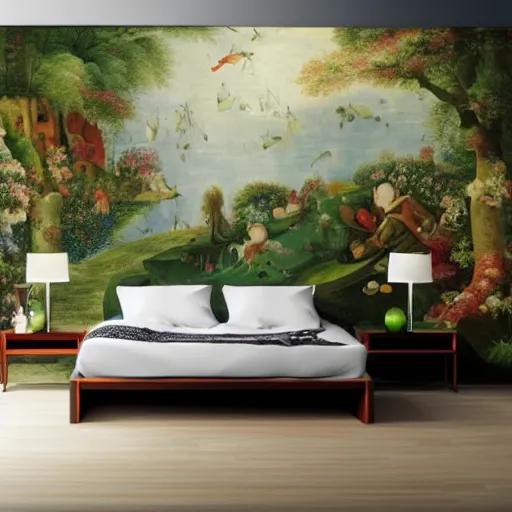 Prompt: a bedroom decorated with wall murals painted by bosch, 4 k