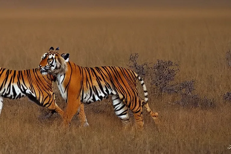 Prompt: antelope hunting a tiger, golden hour, 6 0 0 mm, wildlife photo, national geographics