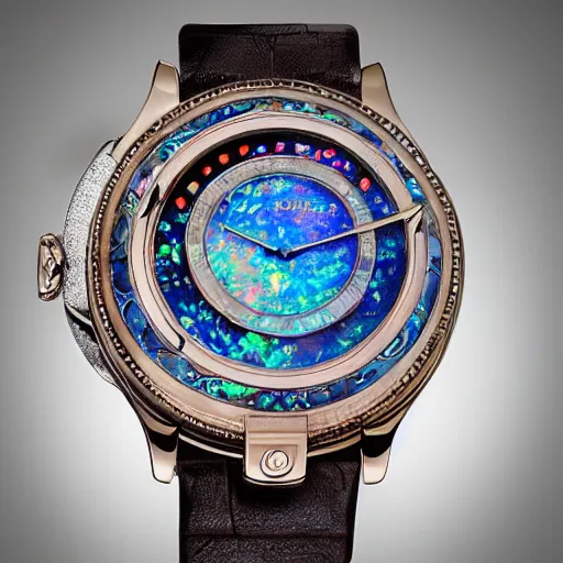 Image similar to celestial watch from the far future with infinite dials, mother of pearl opal, year 2 5 0 0, style of norman rockwell