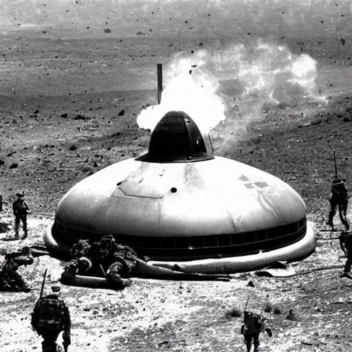 Prompt: army troops surround shiny metallic ufo flying saucer with transparent dome crashed in the desert, smoking and burning in flames