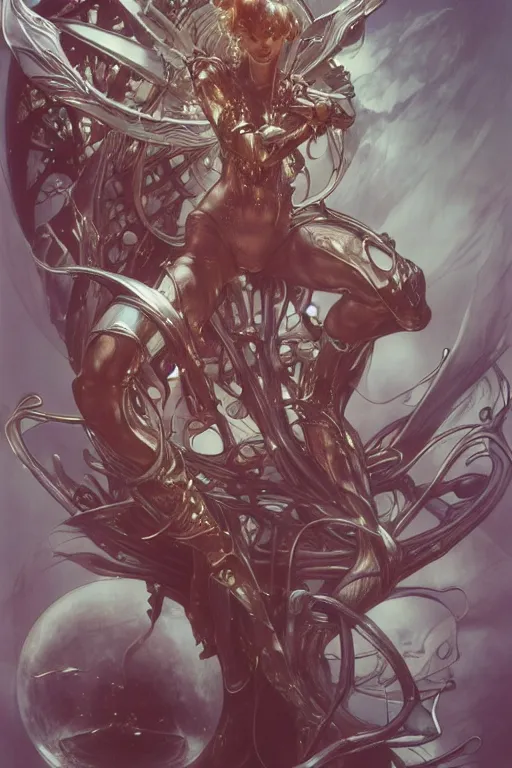 Image similar to now is the time to relaunch the dream weapon, by artgerm and yoshitaka amano and moebius and hr giger and zdislaw beksinski and hajime sorayama and alphonse mucha, trending on artstation