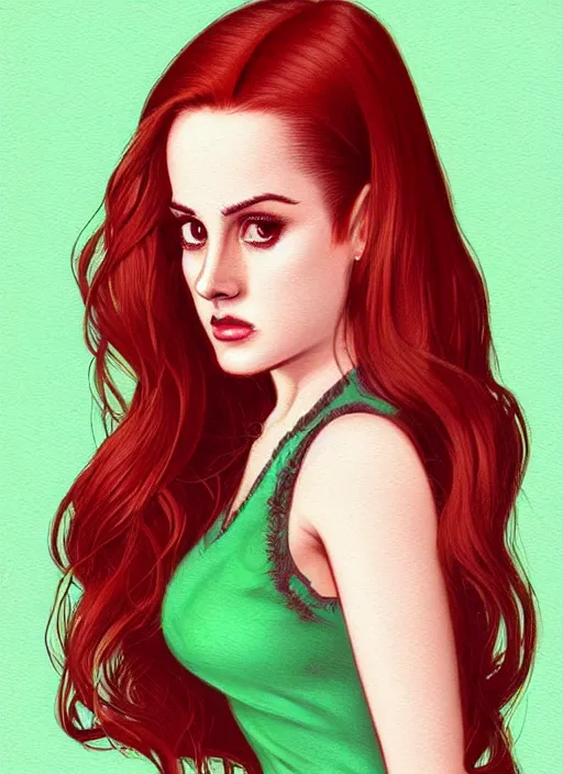 Image similar to full body portrait of teenage cheryl blossom, bangs, green eyes, mischievous expression, red hair, sultry smirk, bangs and wavy hair, 1 9 8 0 s, intricate, elegant, glowing lights, highly detailed, digital painting, artstation, concept art, smooth, sharp focus, illustration, art by wlop, mars ravelo and greg rutkowski