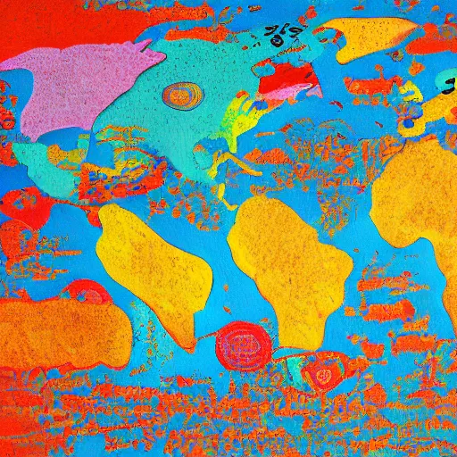 Image similar to a painting of a colorful map of the world, an album cover by Howardena Pindell, shutterstock, auto-destructive art, criterion collection, poster art, dystopian art