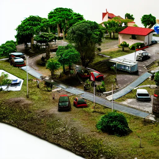 Image similar to a detailed photo of a diorama city, macro photography, zoom, model trees, table, studio lighting