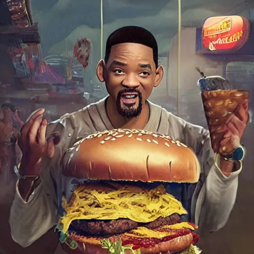 Prompt: a highly detailed epic cinematic concept art CG render digital painting artwork costume design: Will Smith slapping a massive hamburger on stage at the 2022 Oscars, voluptuous sesame seed bun, extra ketchup and pickles and onions . By Greg Rutkowski, Ilya Kuvshinov, WLOP, Stanley Artgerm Lau, Ruan Jia and Fenghua Zhong, trending on ArtStation, made in Maya and Photoshop, octane render, excellent composition, cinematic atmosphere, dynamic dramatic cinematic lighting, aesthetic, very inspirational, arthouse