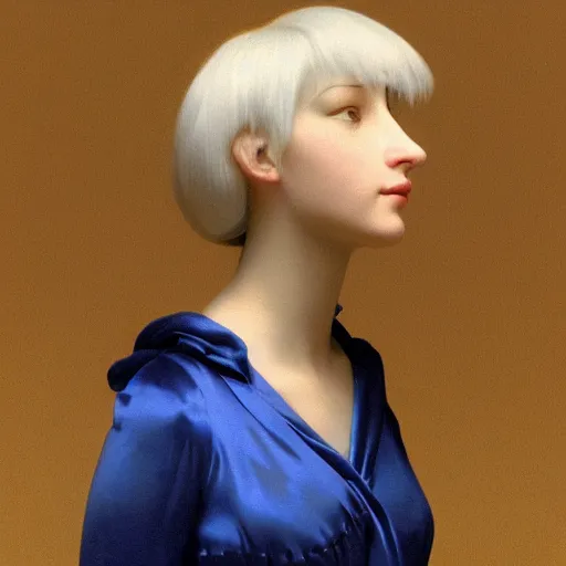 Image similar to a young woman's face, her hair is white and she wears a cobalt blue satin cloak, by ivan aivazovsky and syd mead and moebius and gaston bussiere and roger dean and pieter claesz and paul delaroche and alma tadema and aelbert cuyp, hyperrealistic, volumetric light, octane render