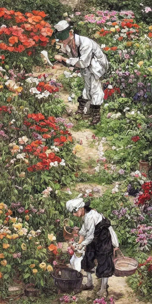 Image similar to oil painting scene from gardeners in the flower garden by kim jung gi