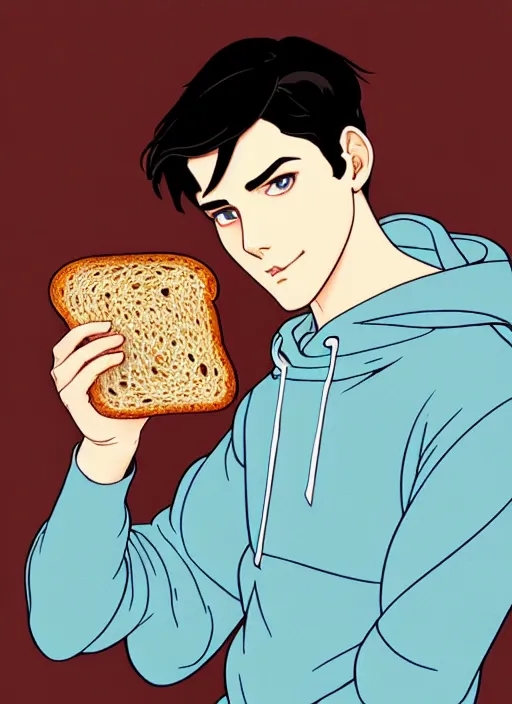 Image similar to well - lit art nouveau portrait of a young man with short black hair, very light blue eyes, pale skin, serious expression, jeans, black hoodie, eating a slice of plain wholegrain bread, natural lighting, path traced, highly detailed, high quality, cartoon, digital painting, by don bluth and ross tran and studio ghibli and alphonse mucha