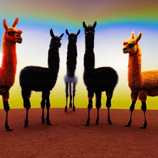 Image similar to 3 rainbow llamas standing around a crt monitor, 8 k