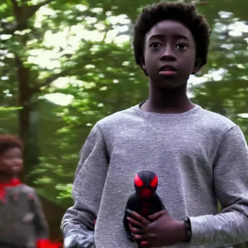 Prompt: Caleb McLaughlin as miles morales spiderman, 8k, super realistic, cinematic cinematography, marvel movie,