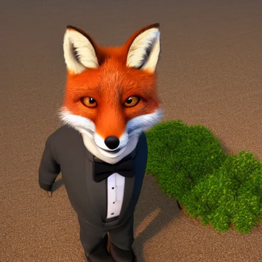 Image similar to handsome fox male wearing a black tuxedo, Pixar animated still, high quality HDR octane render