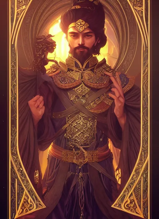 Image similar to photography of tarot card emperor, deep focus, d & d, fantasy, intricate, elegant, highly detailed, digital painting, artstation, concept art, matte, sharp focus, illustration, hearthstone, art by artgerm and greg rutkowski and alphonse mucha